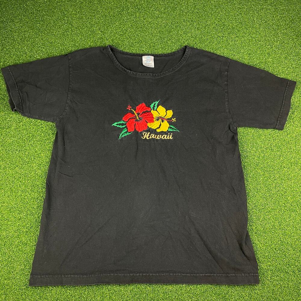Vintage 90s Cotton Soft Embroidered Hawaii Hibiscus Black T-Shirt Sz L